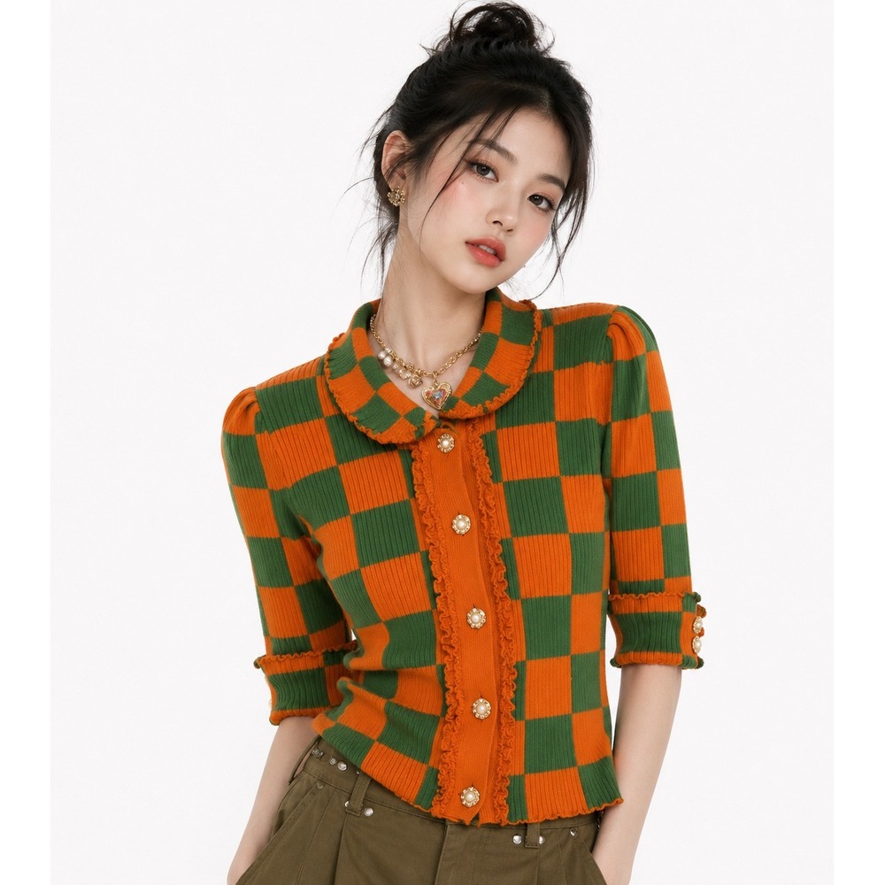 Motoguo Orange Green Checkered Ribbed Knit Ruffle Cardigan Pearl Buttons Small